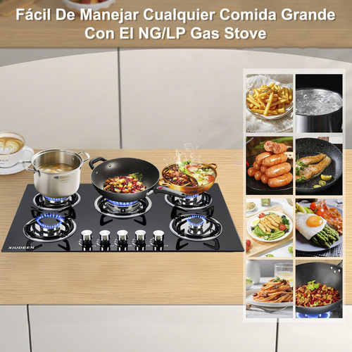 Parrilla De Gas Empotrable de mesa XIUDEEN XD5001G 5 quemadores de gas GN GLP aplicables cristal templado color negro