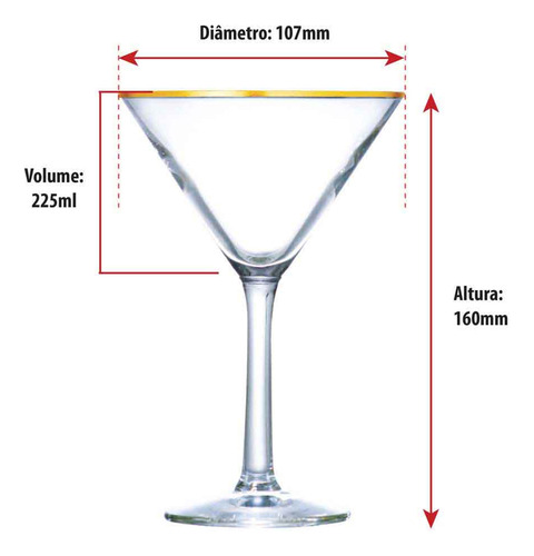 Jogo de Taça de Vidro com Filete de Ouro Martini 6pcs 225ml