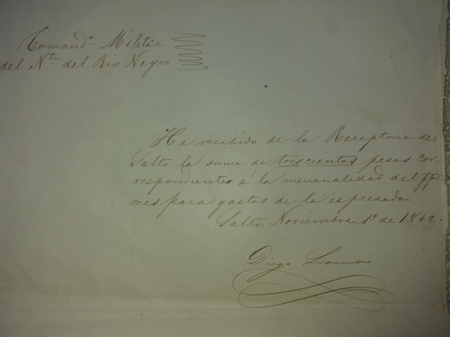 Recibo Firma Diego Lamas 1862 Comandancia  Norte Rio Negro