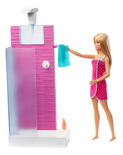 Set De Muñecas Y Muebles Barbie Para Baño Con Ducha Funciona