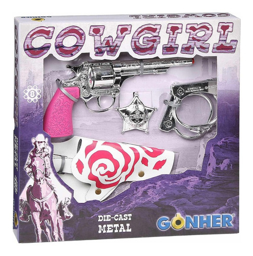 Set Revolver Funda Placa Esposas Cowgirl Gonher Juguete Rosa