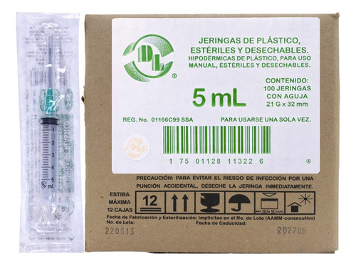 Jeringa Hipodérmica Dl De 5 Ml Con Aguja 21g X 32mm C/100pzs 5 Ml