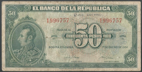 Colombia, 50 Pesos 1 Ene 1951 7 Digitos Bgw255