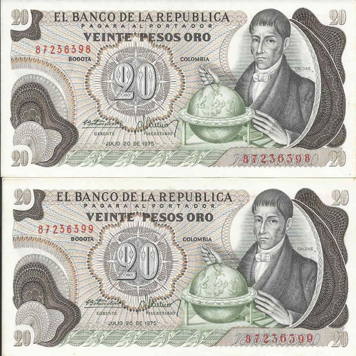 Colombia Dúo Consecutivo 20 Pesos Oro 20 Julio 1975