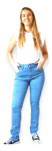 Jeans Tiro Alto Semi Pitillo Celeste