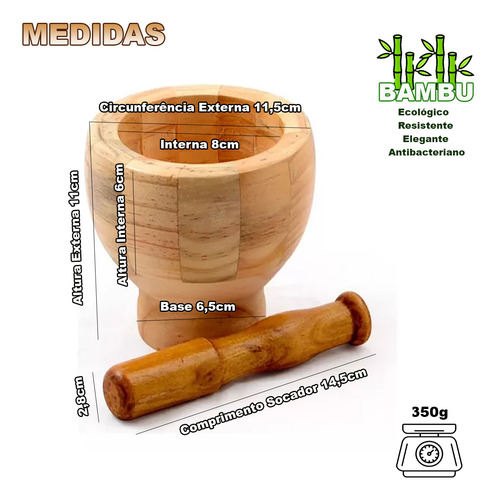 Pilão De Bambu Com Socador Moedor Temperos Alho Triturador