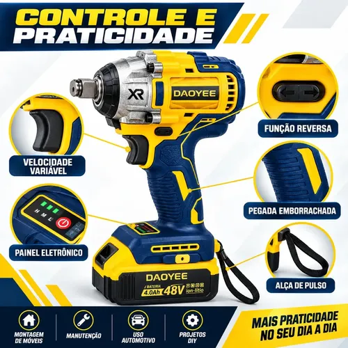 Kit Chave de Impacto Sem Fio 330Nm 48V Brushless Bateria Soquetes