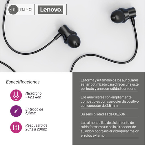 Imagen 6 de 10 de Auricular In-ear Con Cable Lenovo Hf130