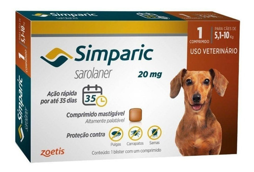 Anti Pulgas Simparic 20mg C/1comp Cães 5,1 A 10 Kg