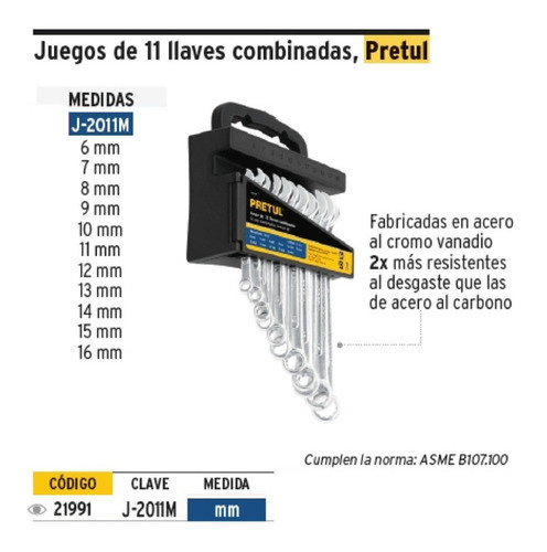 Juego De Llaves Combinadas Pretul De 6 A 16 Mm J-2011m Color Cromado