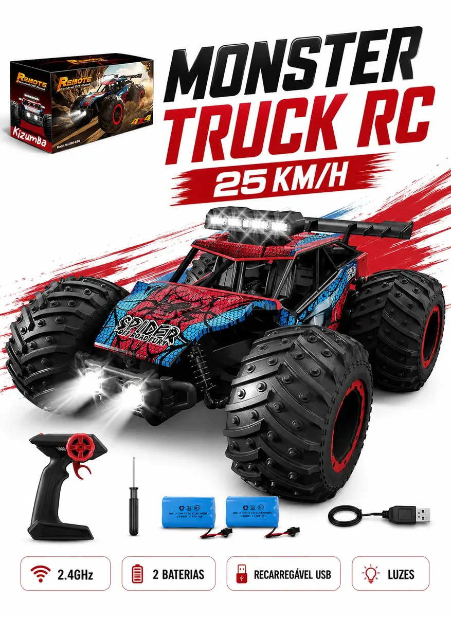 Carrinho Controle Remoto 2.4Ghz Off Road Monster Truck Alta Velocidade 25km/h Resistente Super Rápido Recarregavel Com 2 Baterias Aranha Spider Kizumba