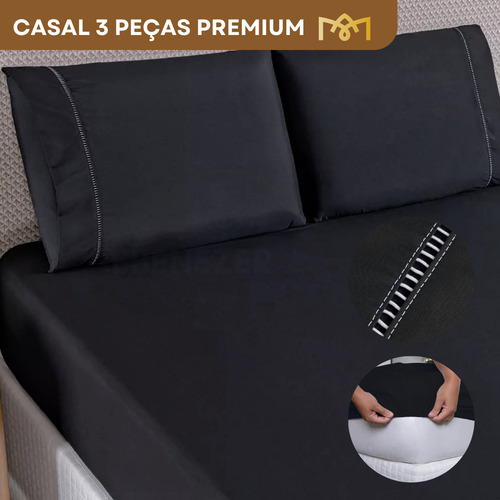 Lençol King Padrão C/ Elástico Fronha Ponto Palito Macio 3 Peças 400 Fios Premium Toque Macio Cor Preto