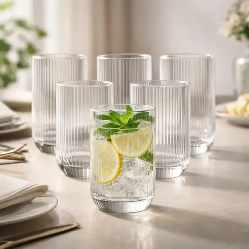 Jogo 6 Copos Vidro Canelado 423ml Luxo Elegante Mesa Posta Água Suco Drink Café Design Premium Copo Texturizado Resistente Moderno Conjunto Sofisticado Cozinha Bar Decoração
