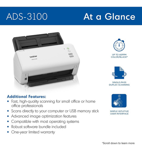 Escáner Brother Ads-3100 1200 Ppp Dúplex Usb 3.0. Escaner Blanco