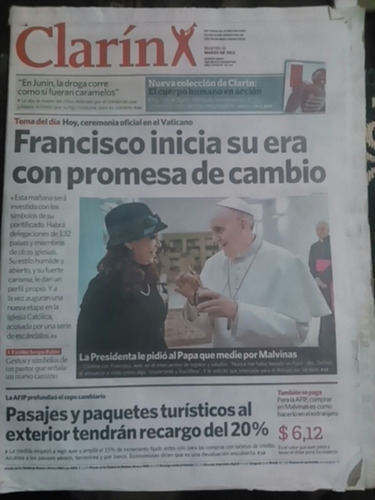 Diario Clarín 19/3/2014. Francisco/cfk. Ceremonia Vaticano. 