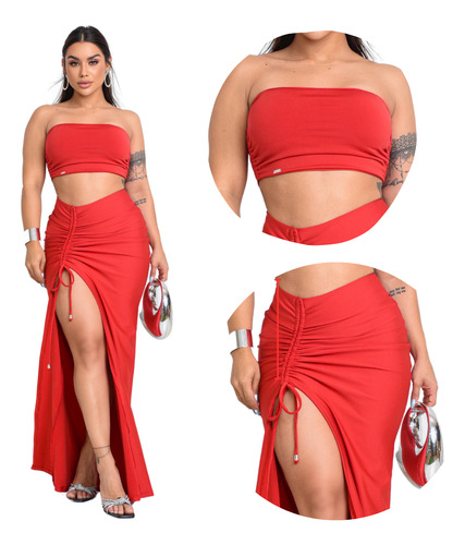 Top Faixa -cropped Tomara Que Caia E Saia Longa Colada Fenda