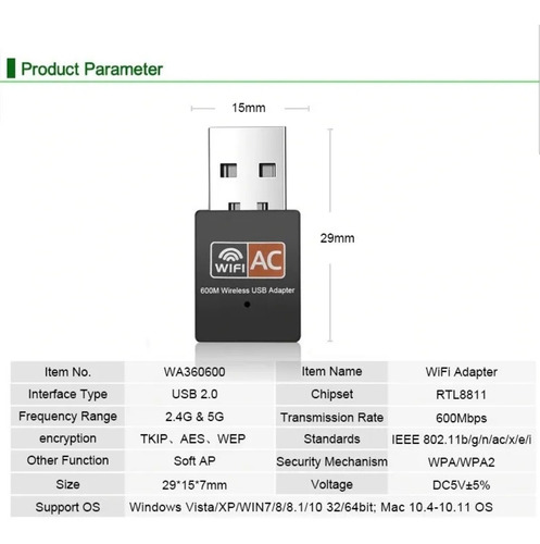 Imagen 4 de 7 de Adaptador Usb Wifi 2.4 Ghz + 5 Ghz 600mbps Internet Rapido