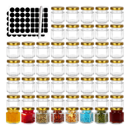 Tarros De Vidrio Hexagonales De 1.5 Onzas Con Tapas Doradas.