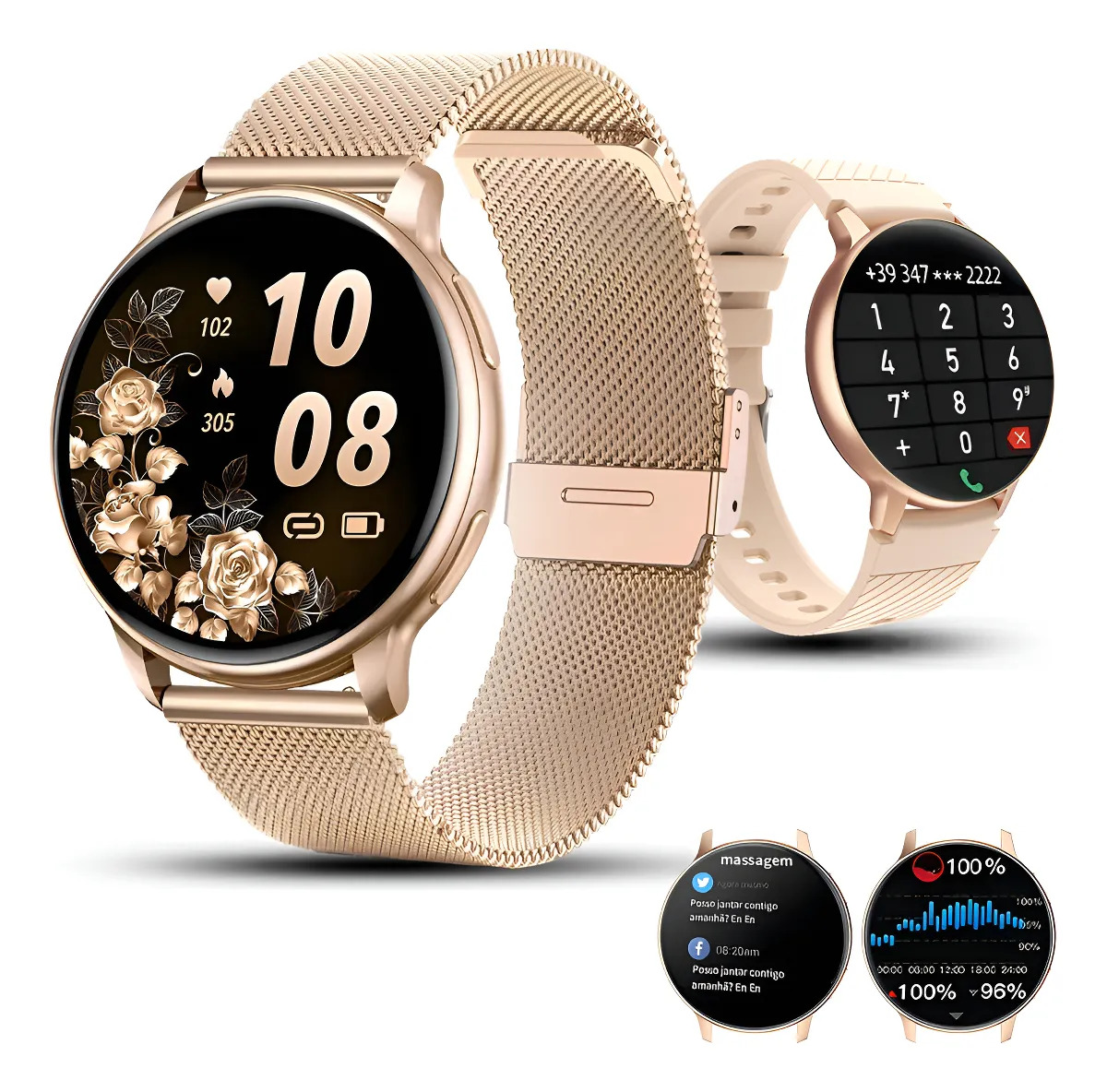 Smartwatch Chamada Relógio Inteligente Feminino/mulher Doura Dourado