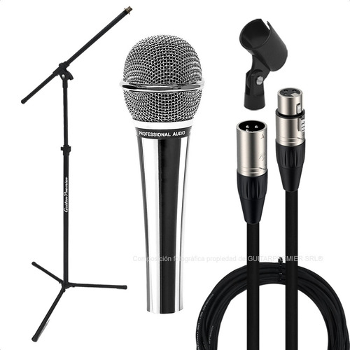 Imagen 1 de 10 de Combo Microfono Dinamico Metalico Cromado + Cable Pie Pipeta