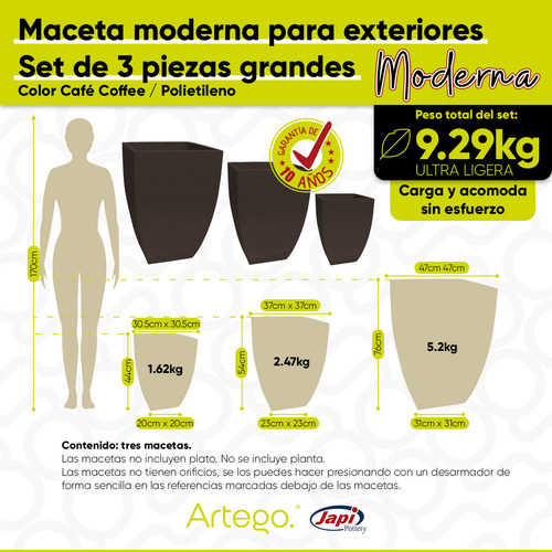 Macetas Set De 3 Piezas 76-54-44cm Moderna Cuadrada Para Exteriores De Polietileno Ultra Ligera Artego Japi
