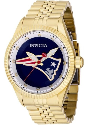 Invicta Nfl New England Patriots 42442 Reloj Cuarzo Japonés Correa Oro Bisel Oro Fondo Azul