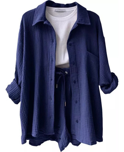 Conjunto De Camisa Y Pantalón Con Solapa Y Manga Larga