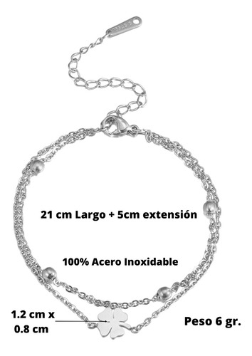 Imagen 3 de 10 de Pulsera Tobillera Plata Mujer Unisex Trebol Acero Doble Cade