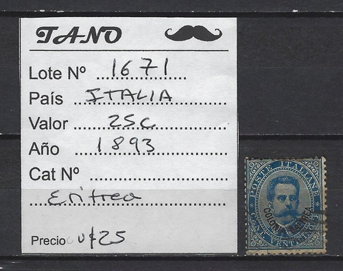 Lote1671 Italia Sello 25 Cent Año 1893 Colonia Eritrea