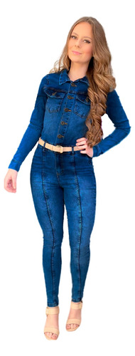 Macacão Jeans Luxo Longo Festa Calça Mom Jaqueta Jardineira