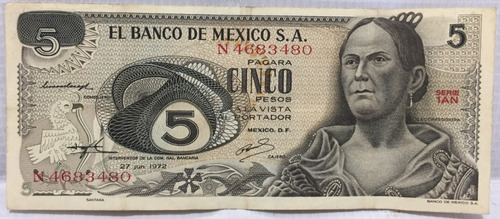 Billete Cinco Pesos La Corregidora 1972 Familia Aa Serie 1an