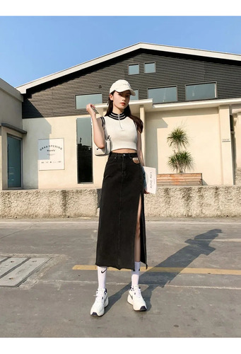 Moda De Verano De Mujer Con Falda Midi De Mezclilla De Cintu
