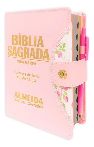 Bíblia Sagrada Feminina Letra Grande Botão Rosa Com Harpa Rei Das...