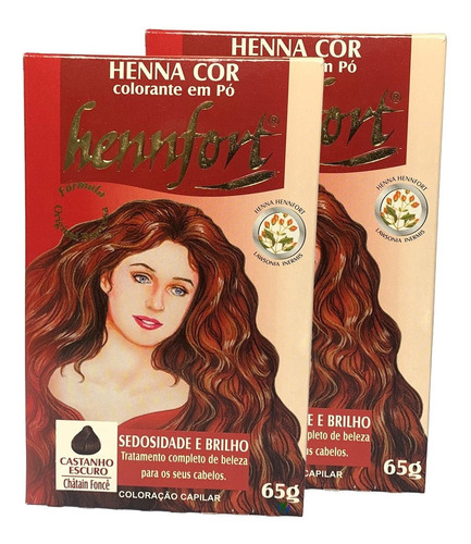 Kit 2 Henna Hennfort Em Pó 65g - Castanho Escuro