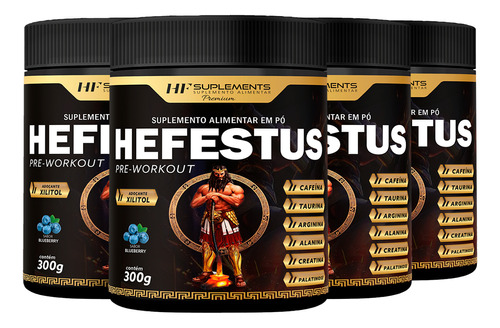 4x Hefestus Pre Treino Hf Suplements Blueberry 300g