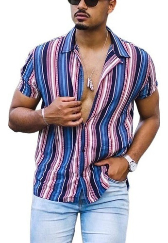 Camisa Hawaiana Casual De Rayas Manga Corta For Hombre