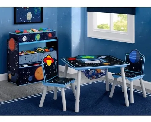 Mesa De Madera Infantil Con Dos Sillas Espacio Planetas Color Multicolor