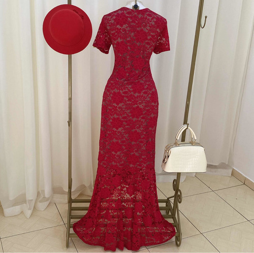 Imagem 8 de 8 de Vestido Longo Vermelho De Renda Para Formatura