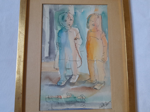 Acuarela Sobre Carton, Niños, Firmado Nelly Alvarez (Usado)