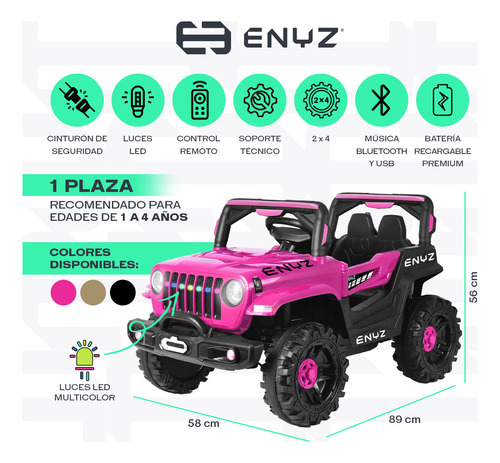 Camioneta Jeep Montable Para Niña Niño Eléctrico Carro Todo Terreno Con Control Remoto Bcx-6 Rosa Chita Enyz Luces Frontales Con Multi Led Música Bluetooth Edades De 1 A 4 Años