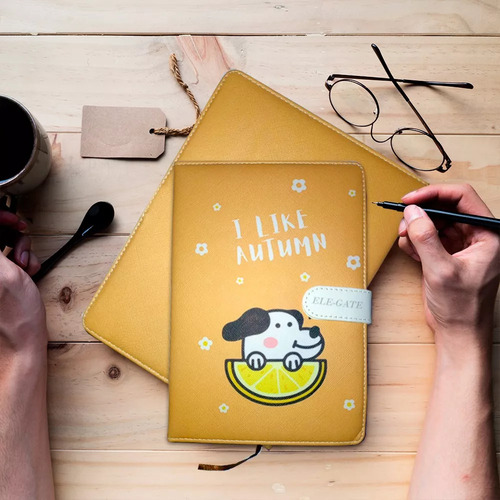 Cuaderno Libreta Agenda Acolchada Kawaii Perrito Hoja Rayada Color Naranja Ele-Gate