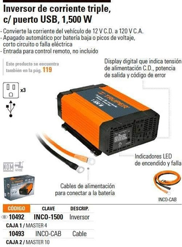 Inversor De Corriente 12vdc-120vac 1500w Truper 10492