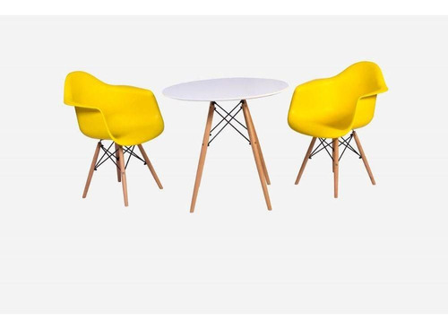 Conjunto Mesa Eiffel Branca 80cm + 2 Cadeiras Daw Com Braços Cor Amarela