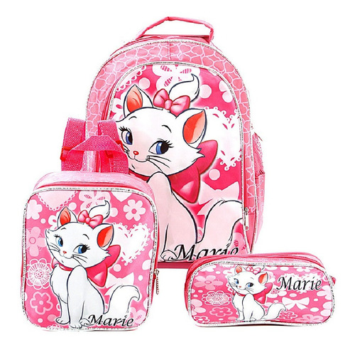 Mochila Escolar Infantil Gata Marie Costas Lancheira+estojo Cor Rosa