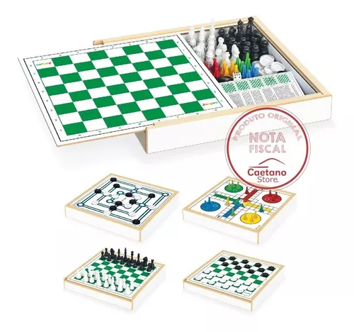 Jogo 4x1 Kit Jogos Xadrez Ludo Damas e Trilha em madeira MDF Formato de  estojo Acompanha Regras de Todos os Jogos