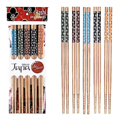 Kit Com 5 Pares De Hashi De Bambu Decorado P/ Sushi Sashimi