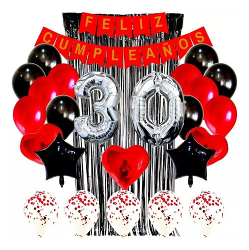 Combo Globos Kit Deco Feliz Cumple Rojo Y Negro+numeros