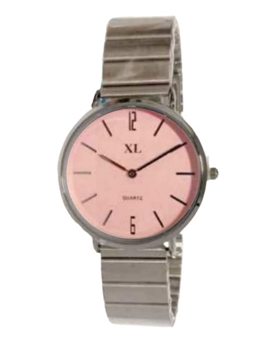 Reloj Mujer Xl  Malla De Metal Plateado Fondo Rosa L011