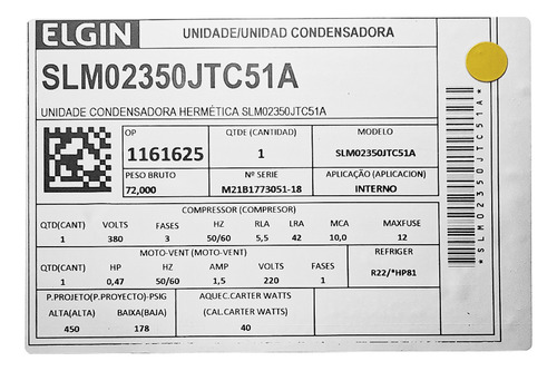 Unidade Condensadora 3,5 Hp R22 380v Elgin Slm2350 Trifásico