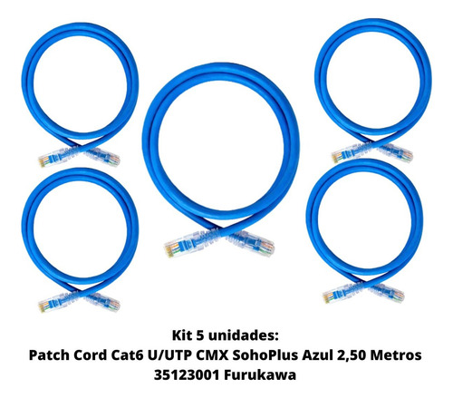 Patch Cord Cat6 - 2,5mts - Az - Sohoplus - Kit 5 Unidades
